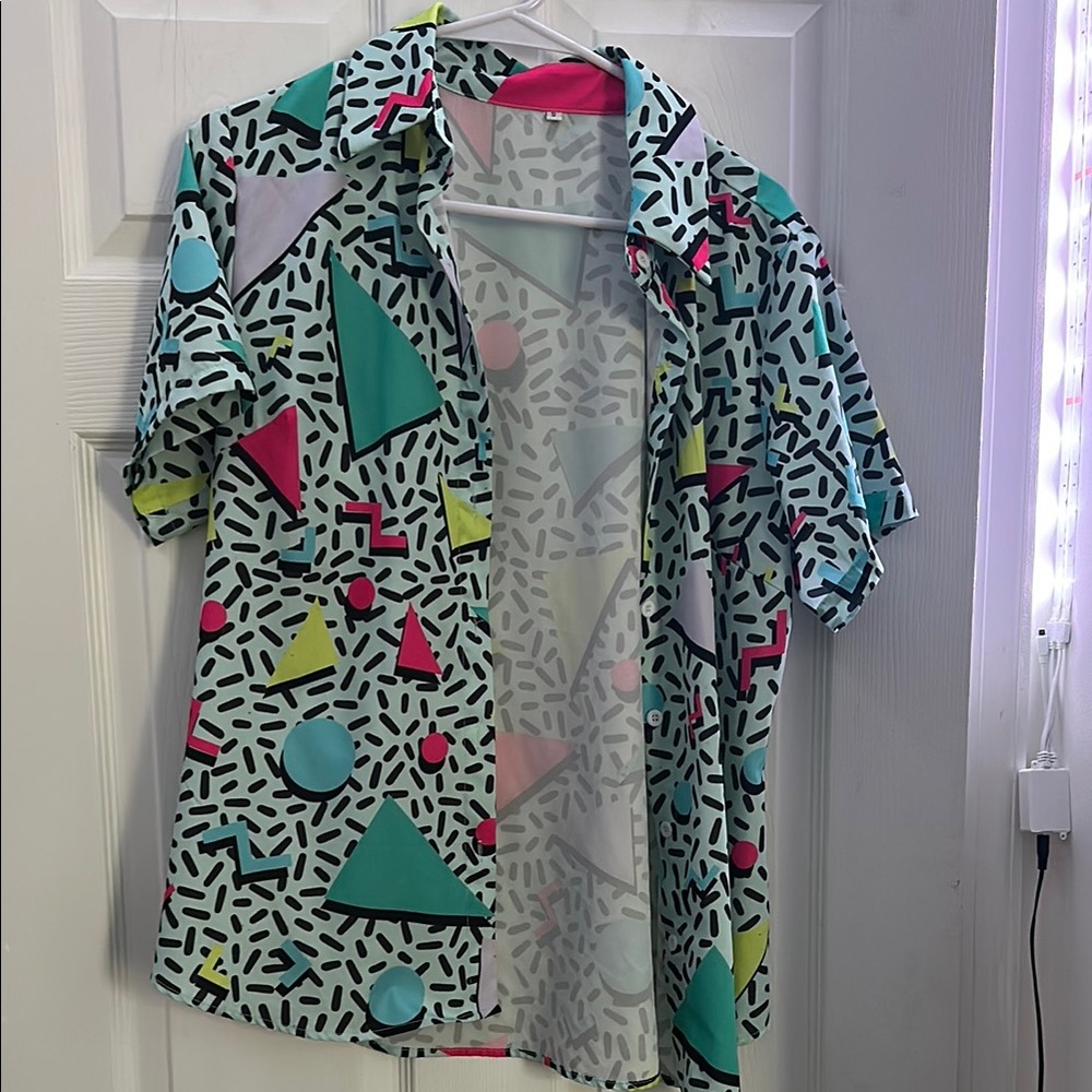 Retro 80s Geometric Print Button-Up Shirt – Vaporwave Memphis Style Festival Top